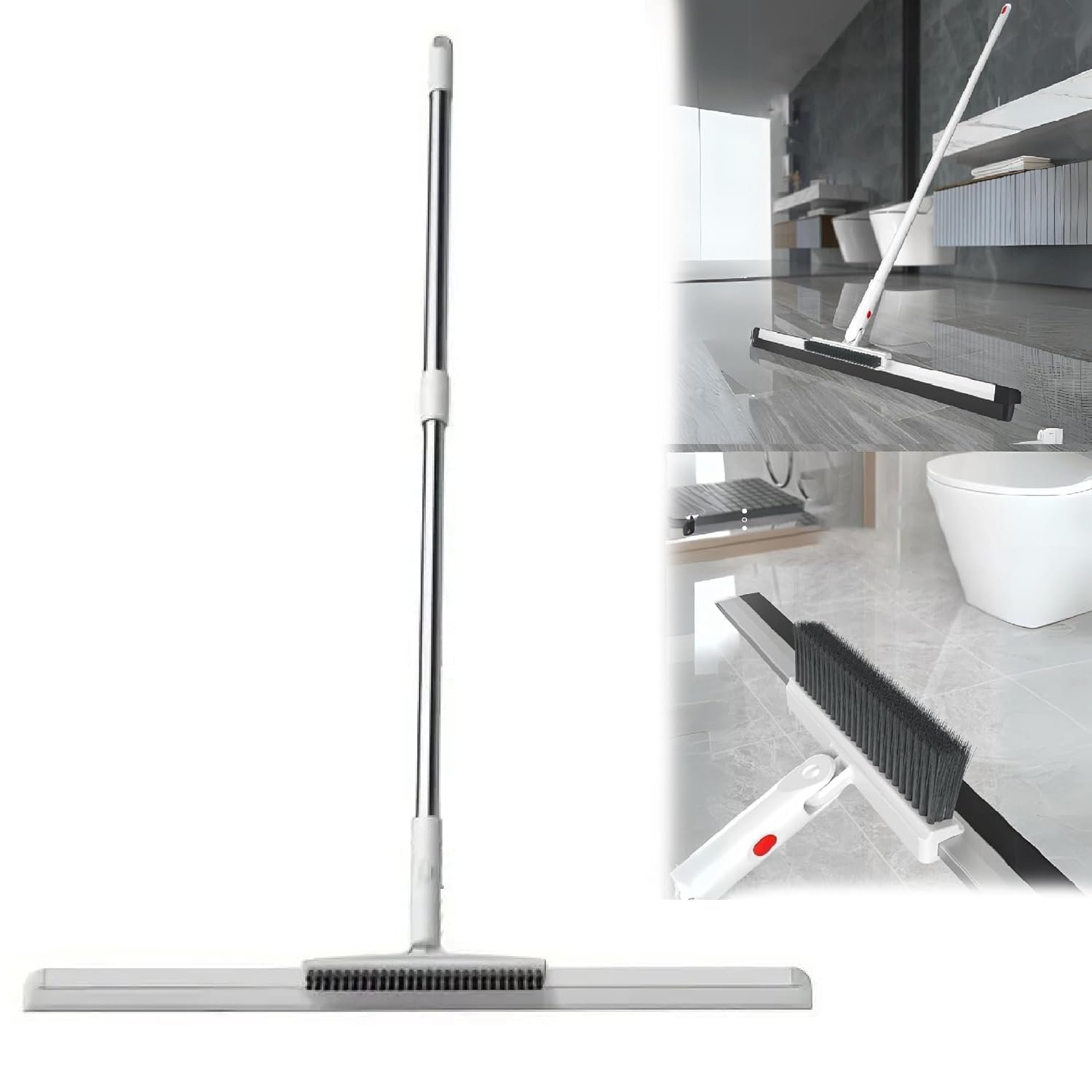 2 in 1 Floor Cleaning Brush with Wiper, Multipurpose Scrub Mop with 180° Rotating Head, Long Handle Cleaning Tool for Bathroom, Tiles, Glass, Kitchen, Floor & Pet Hair Removal