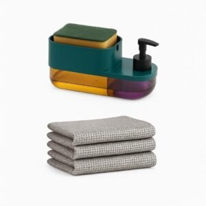 3-in-1 Soap Dispenser, Dish Soap Liquid Pump with Sponge Holder & Detachable Tray, Kitchen Sink Countertop Organizer for Kitchen & Bathroom, Includes 3 Dish Wash Cloths