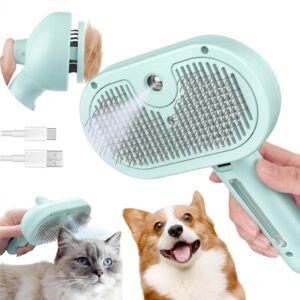 Pet Steam Brush for Dogs & Cats | Self-Cleaning Grooming Comb with Water Spray, Anti-Static, Massage Bristles | Portable Pet Hair Remover for Long & Short Fur (Green)