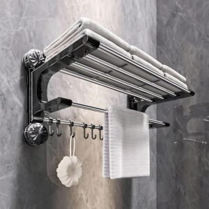 Big Size Wall Mounted Foldable Towel Rack for Bathroom | Stainless Steel Towel Holder with Durable Plastic Side Brackets & Hooks | Bathroom Shelf for Kitchen, Wash Basin & Laundry Room