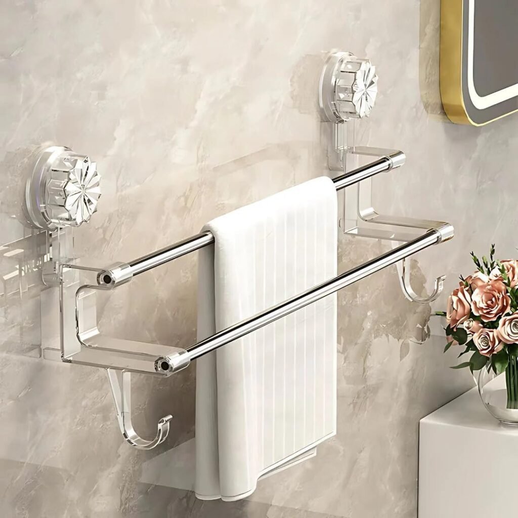 No Drill Towel Rack for Bathroom Big Size| Wall Mounted Double Rod Towel Holder with Hooks | Self Adhesive Stainless Steel Bathroom Shelf for Towels & Clothes (23 Inch)