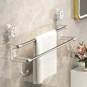 No Drill Towel Rack for Bathroom Big Size| Wall Mounted Double Rod Towel Holder with Hooks | Self Adhesive Stainless Steel Bathroom Shelf for Towels & Clothes (23 Inch)