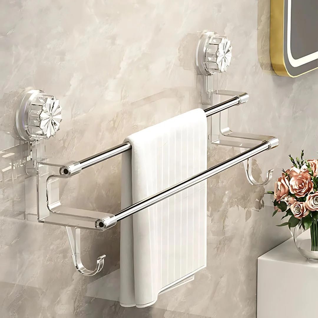 No Drill Towel Rack for Bathroom Big Size| Wall Mounted Double Rod Towel Holder with Hooks | Self Adhesive Stainless Steel Bathroom Shelf for Towels & Clothes (23 Inch)