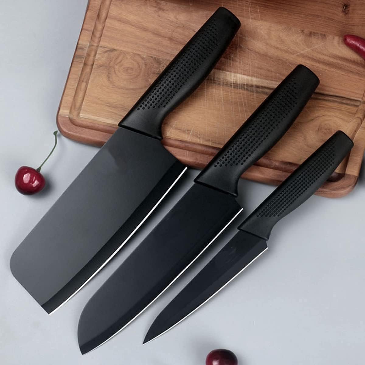 Professional Kitchen Knife Set, 3-Piece Black Chef Knives with Ergonomic Handles Sharp Manual Sharpening for Home Kitchen & Restaurant