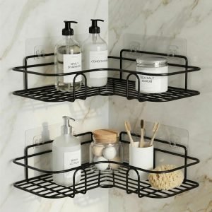 Set of 2 Metal Bathroom Corner Shelf Rack | No Drilling Self Adhesive Wall Mounted Storage Organizer for Bathroom & Kitchen | Rustproof Corner Shelves (8 & 9 Inch, Black)