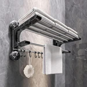Big Size Wall Mounted Foldable Towel Rack for Bathroom | Stainless Steel Towel Holder with Durable Plastic Side Brackets & Hooks | Bathroom Shelf for Kitchen, Wash Basin & Laundry Room