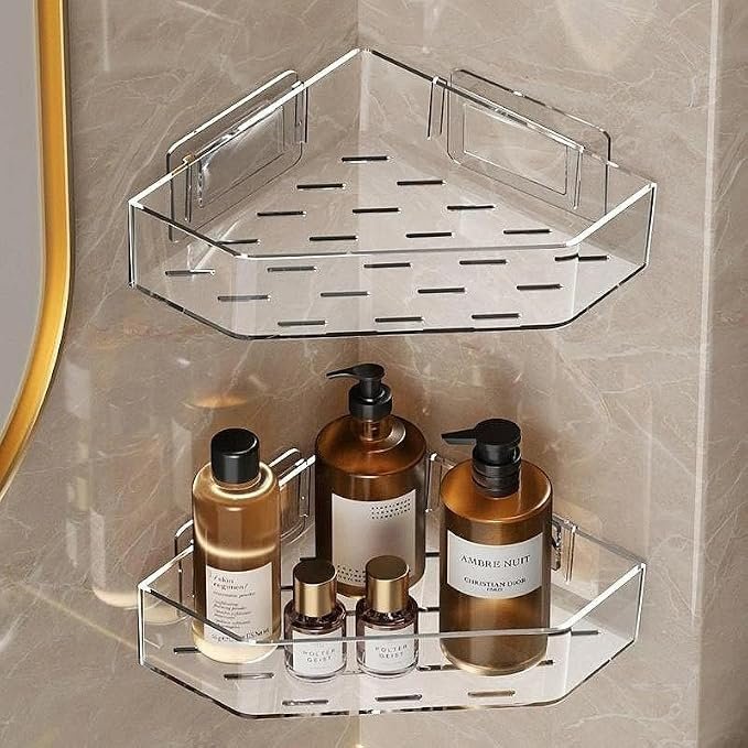 Self Adhesive Bathroom Corner Shelf Pack of 2 | Wall Mounted Plastic Shower Organizer Rack with Hooks | Waterproof No Drill Storage Stand for Kitchen, Wash Basin & Bathroom Accessories