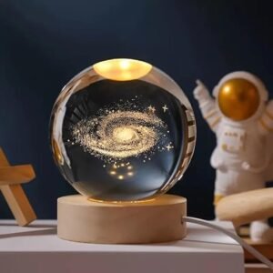 3D Galaxy Crystal Ball Night Lamp with Wooden Base | Engraved USB LED Table Lamp for Bedroom, Desk & Home D√©cor | Warm White Crystal Night Light for Kids, Couples & Gift Purpose