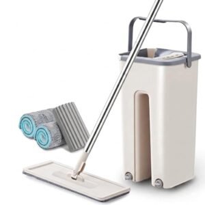 Floor Mop with Bucket, 360¬∞ Rotating Flexible Head, Flat Squeeze Mop with 2 Reusable Pads, Heavy Duty Floor Cleaning Mop for Home, Kitchen & Bathroom