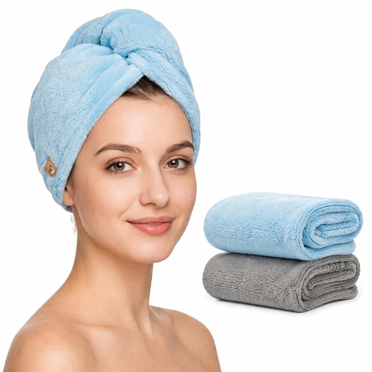 Hair Towel Wrap for Women-Quick Drying Microfiber Towel for Hair with Elastic Loop for Tying-Super Absorbent Head Towels Wrap for Ladies Hair Turban (Pack of 2-Grey & Blue)
