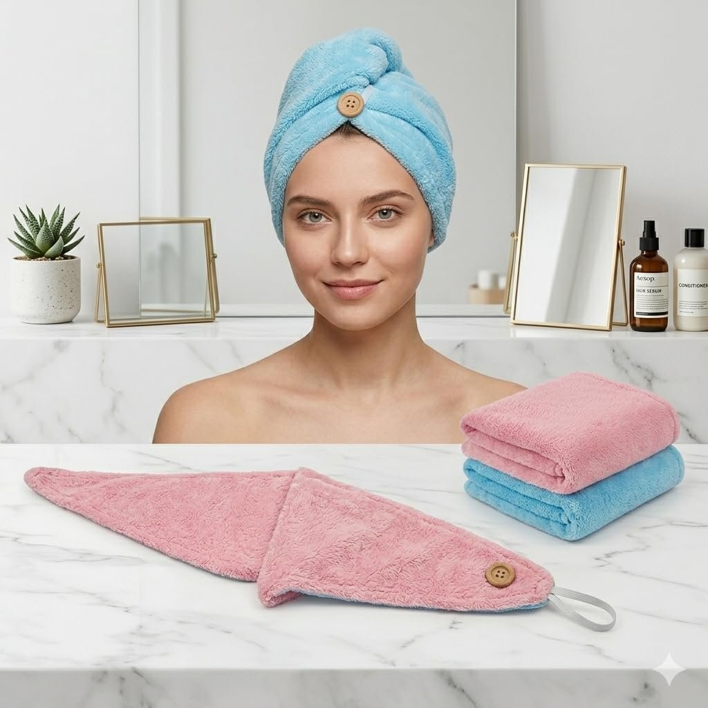 Hair Towel Wrap for Women-Quick Drying Microfiber Towel for Hair with Elastic Loop for Tying-Super Absorbent Head Towels Wrap for Ladies Hair Turban (Pack of 2-Pink & Blue)