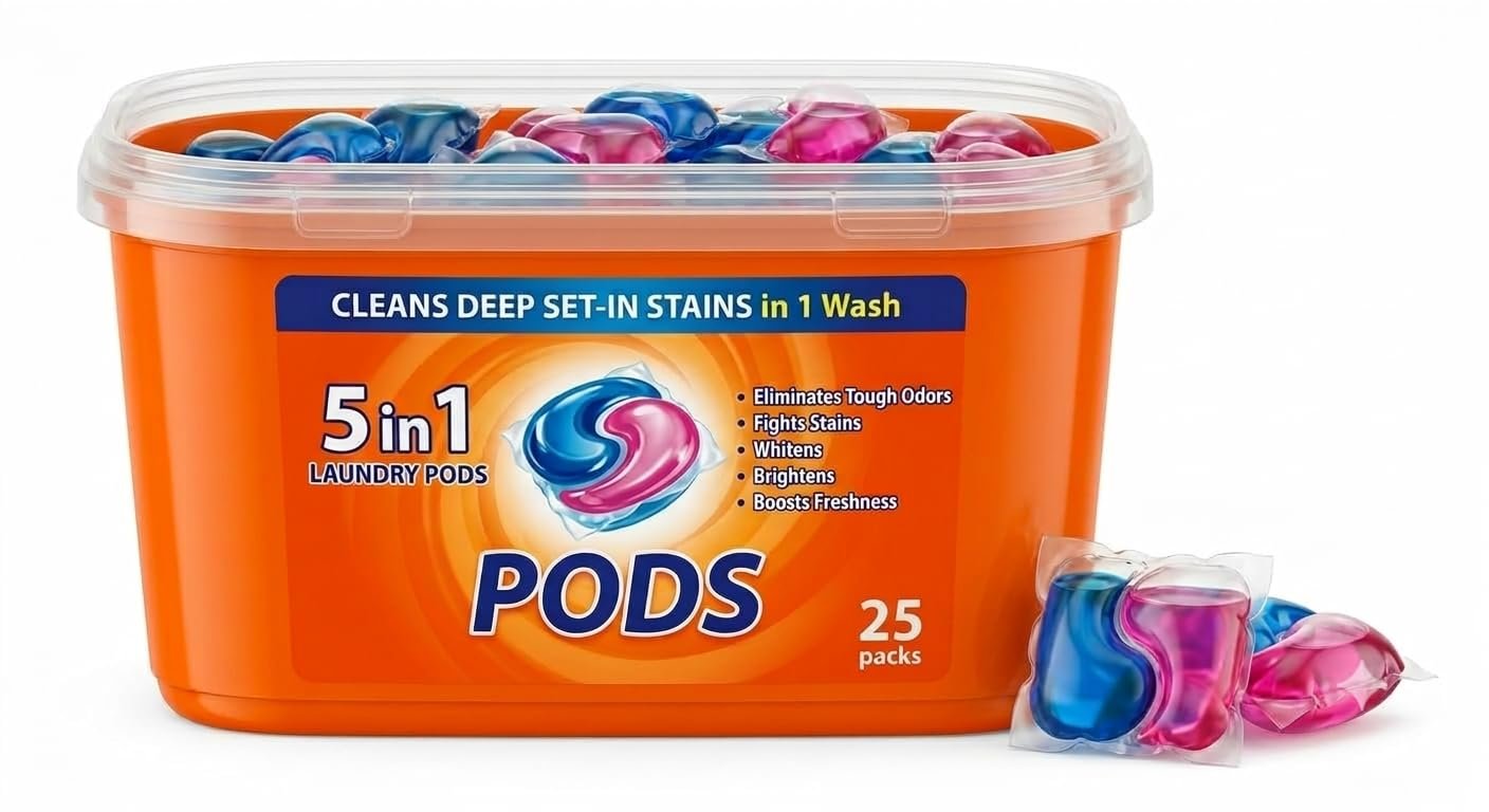 5-in-1 Magic Laundry Detergent Pods Tough Stain Remover for Top & Front Load Washing Machines, Floral Fresh Fragrance, Eco-Friendly Dissolvable Pods, 1 Pod =1 Wash (5–7kg Load), Pack of 25