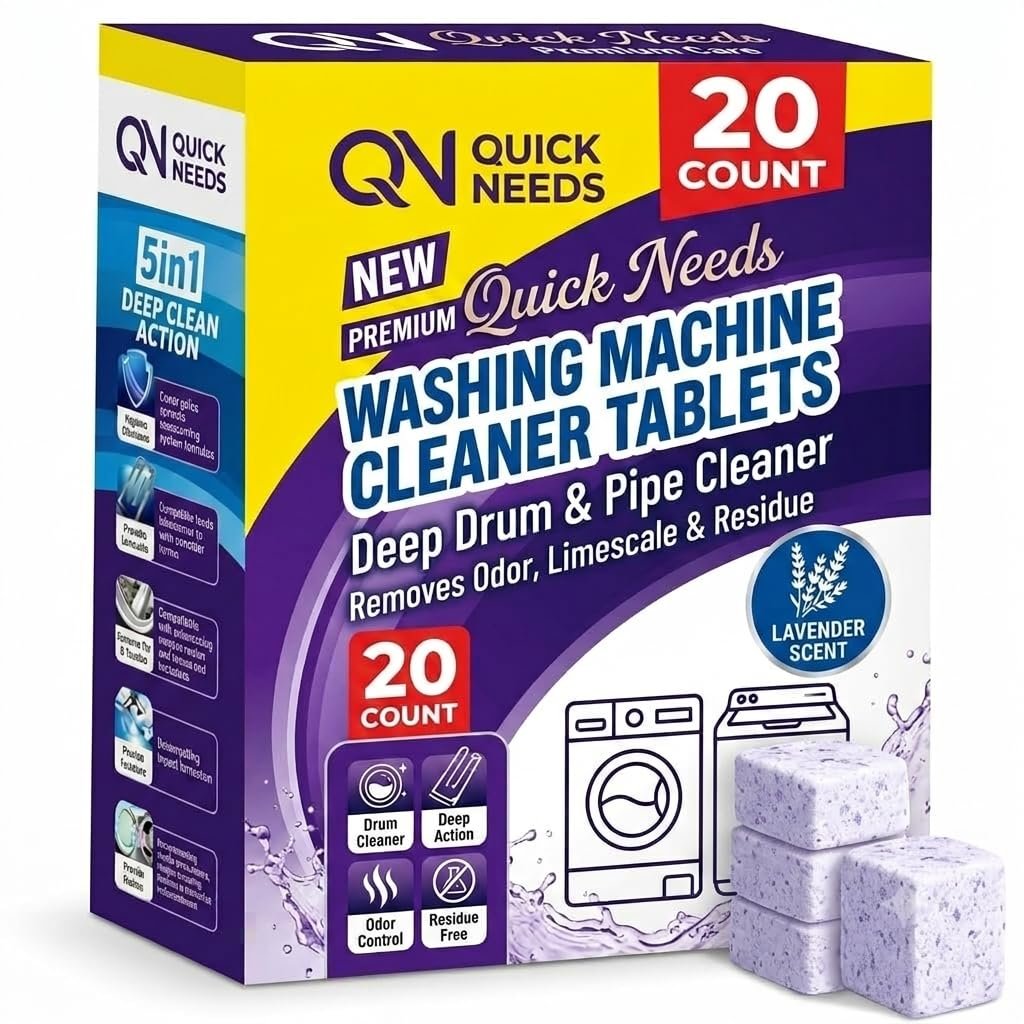 Washing Machine Cleaner Tablets 20 Pcs – Lavender Scent Deep Cleaning Descaler for Front & Top Load Machines, Removes Stains, Limescale & Odor, Improves Machine Performance