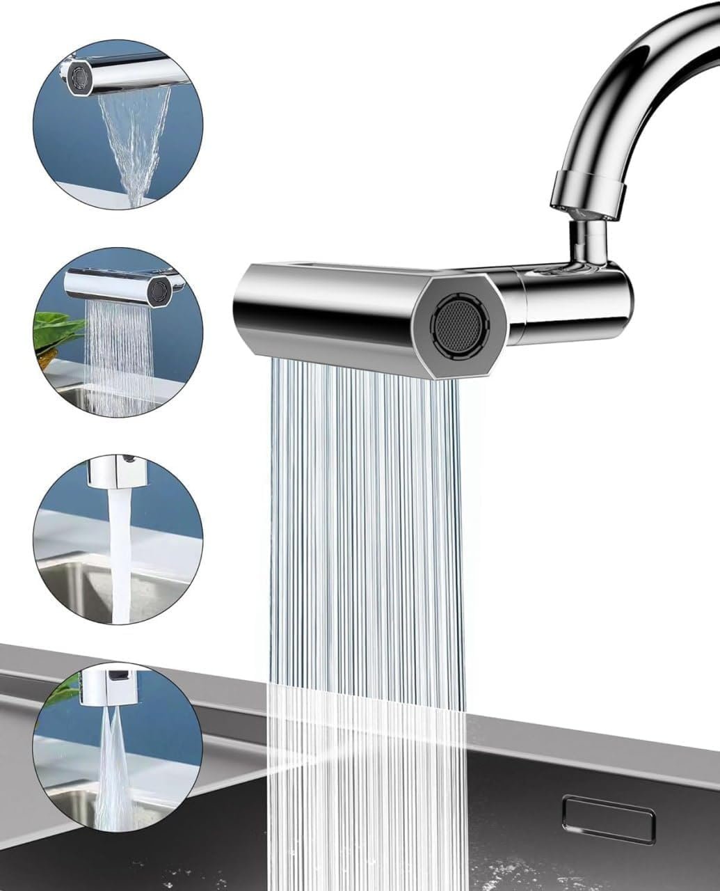 4 in 1 Waterfall Kitchen Faucet Extender | 360° Rotating Flexible Tap Head for Kitchen Sink | Splash Proof Water Saving Faucet Aerator with Multiple Water Flow Modes