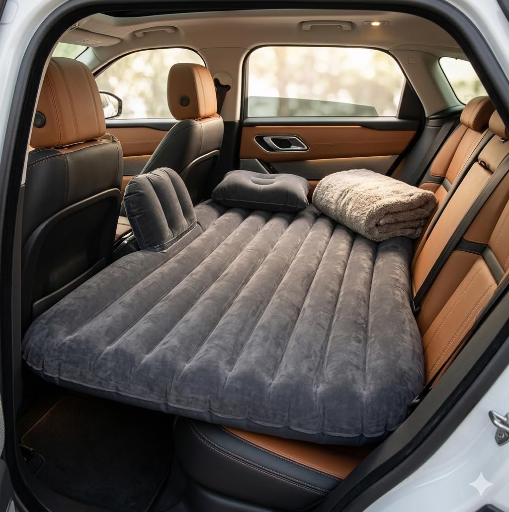 Car Inflatable Mattress Bed with 2 Air Pillows & Electric Pump, Portable Back Seat Air Bed for Travel & Camping, Foldable Sleeping Mattress for SUV & Sedan, 53.5 x 32.2 x 16.5 Inches (Black)