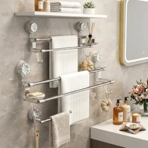 No Drill Towel Rack for Bathroom Big Size, Pack of 2 | Wall Mounted Double Rod Towel Holder with Hooks | Self Adhesive Stainless Steel Bathroom Shelf for Towels & Clothes (23 Inch) (2)