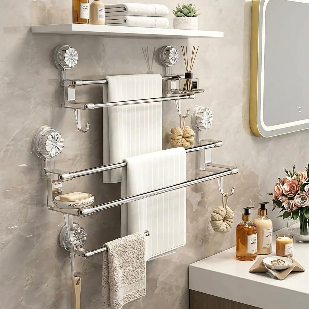 No Drill Towel Rack for Bathroom Big Size, Pack of 2 | Wall Mounted Double Rod Towel Holder with Hooks | Self Adhesive Stainless Steel Bathroom Shelf for Towels & Clothes (23 Inch) (2)