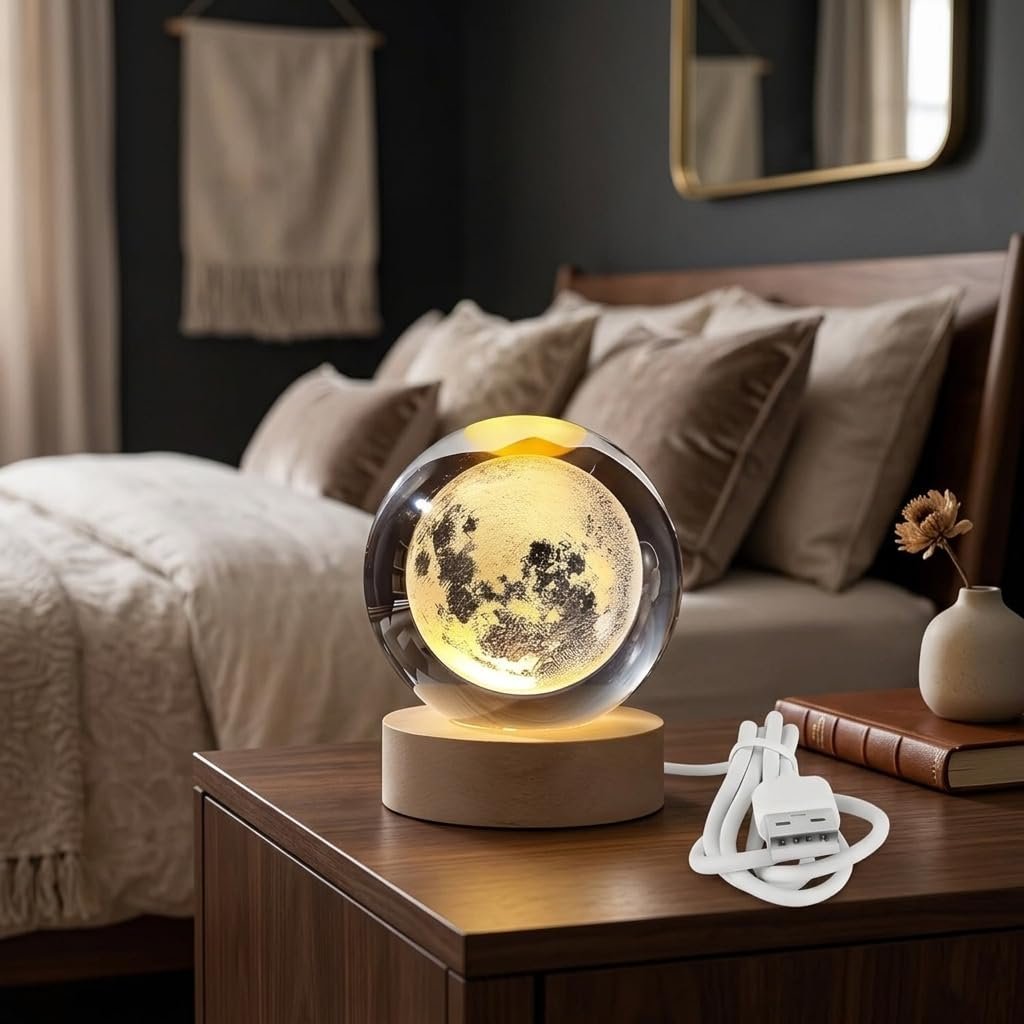 3D Crystal Moon Lamp with Wooden Base | Engraved Crystal Ball LED Night Light | USB Powered Warm White Lamp for Bedroom, Desk & Home Décor | Romantic Gift for Couples, Her & Him (Warm White)