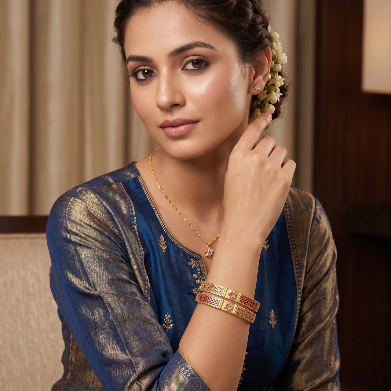 Traditional Gold Polished Star Motif Mesh Bangles - Image 2