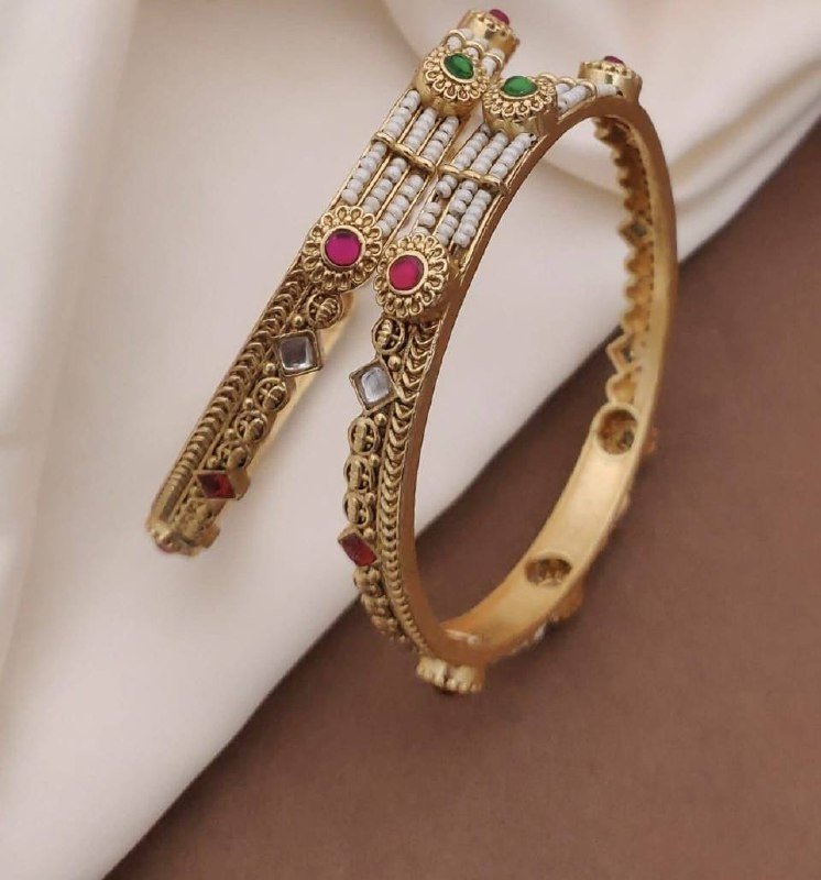Traditional Antique Pearl and Gemstone Gold-Plated Bangles