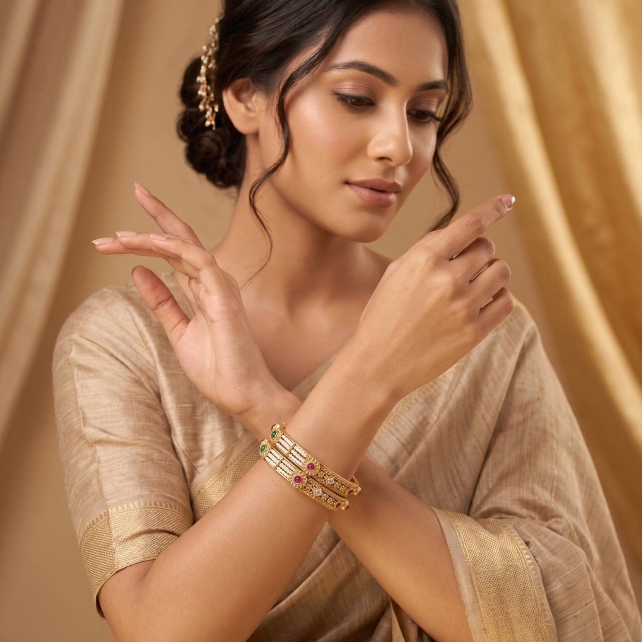 Traditional Antique Pearl and Gemstone Gold-Plated Bangles - Image 2