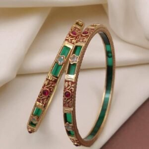 Traditional Antique Gold Polish Green Bangle Pair