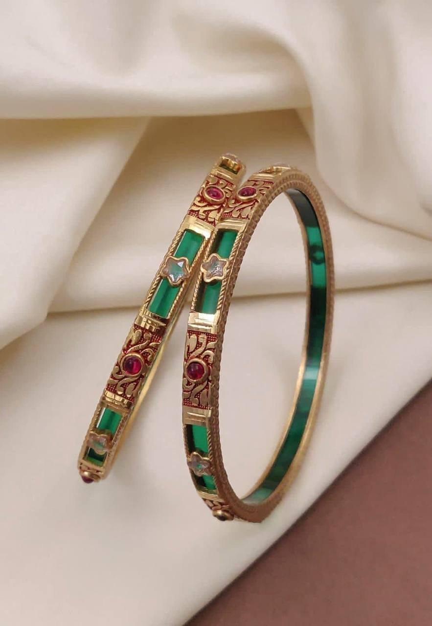 Traditional Antique Gold Polish Green Bangle Pair