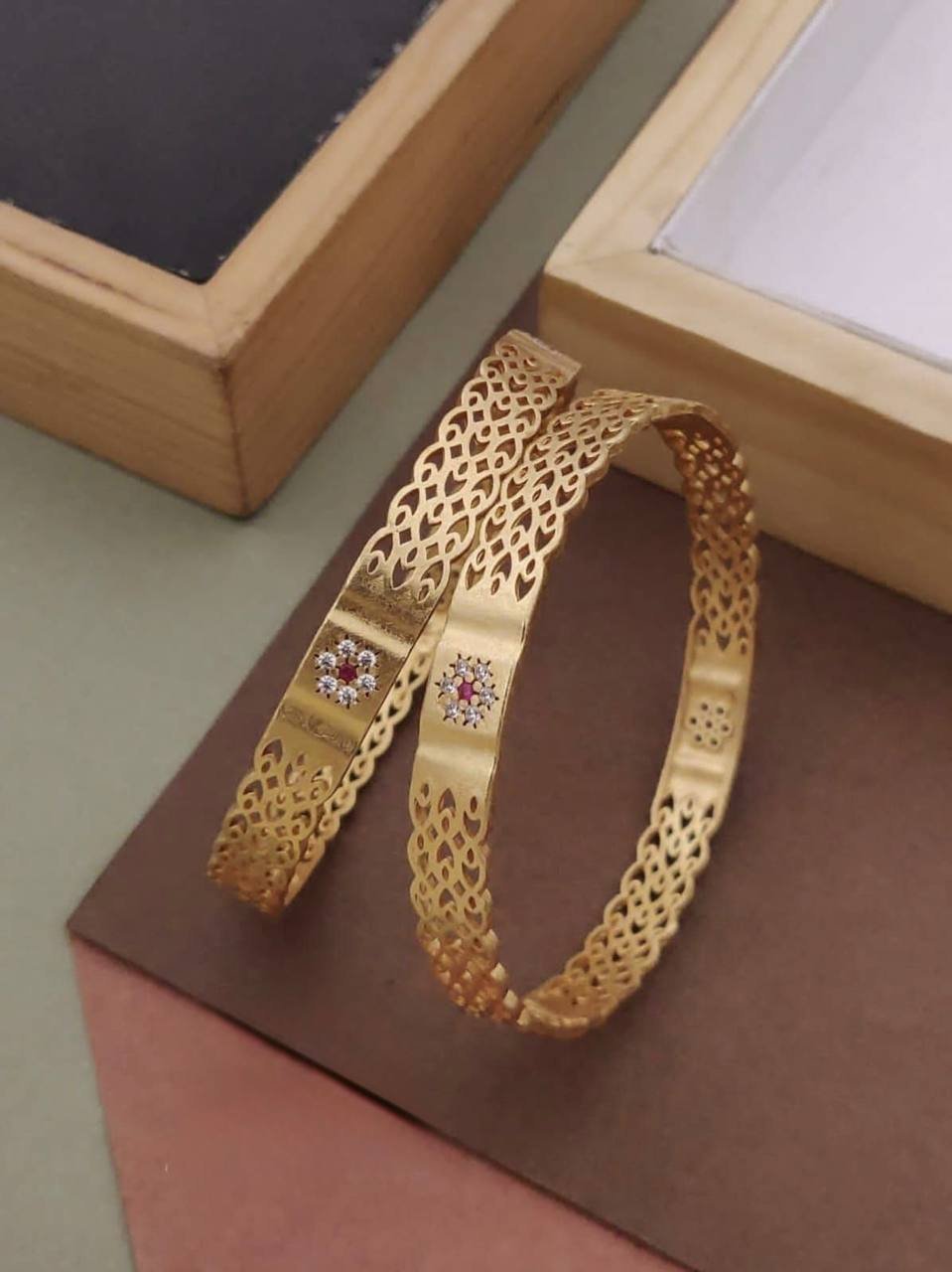 Traditional Gold Plated Filigree Stone Studded Bangle Set