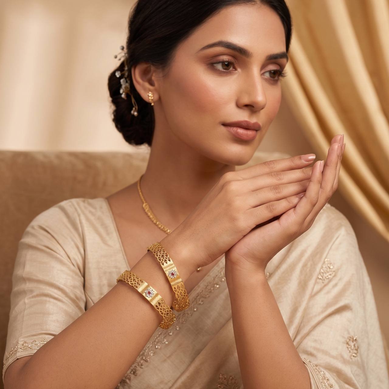 Traditional Gold Plated Filigree Stone Studded Bangle Set - Image 2