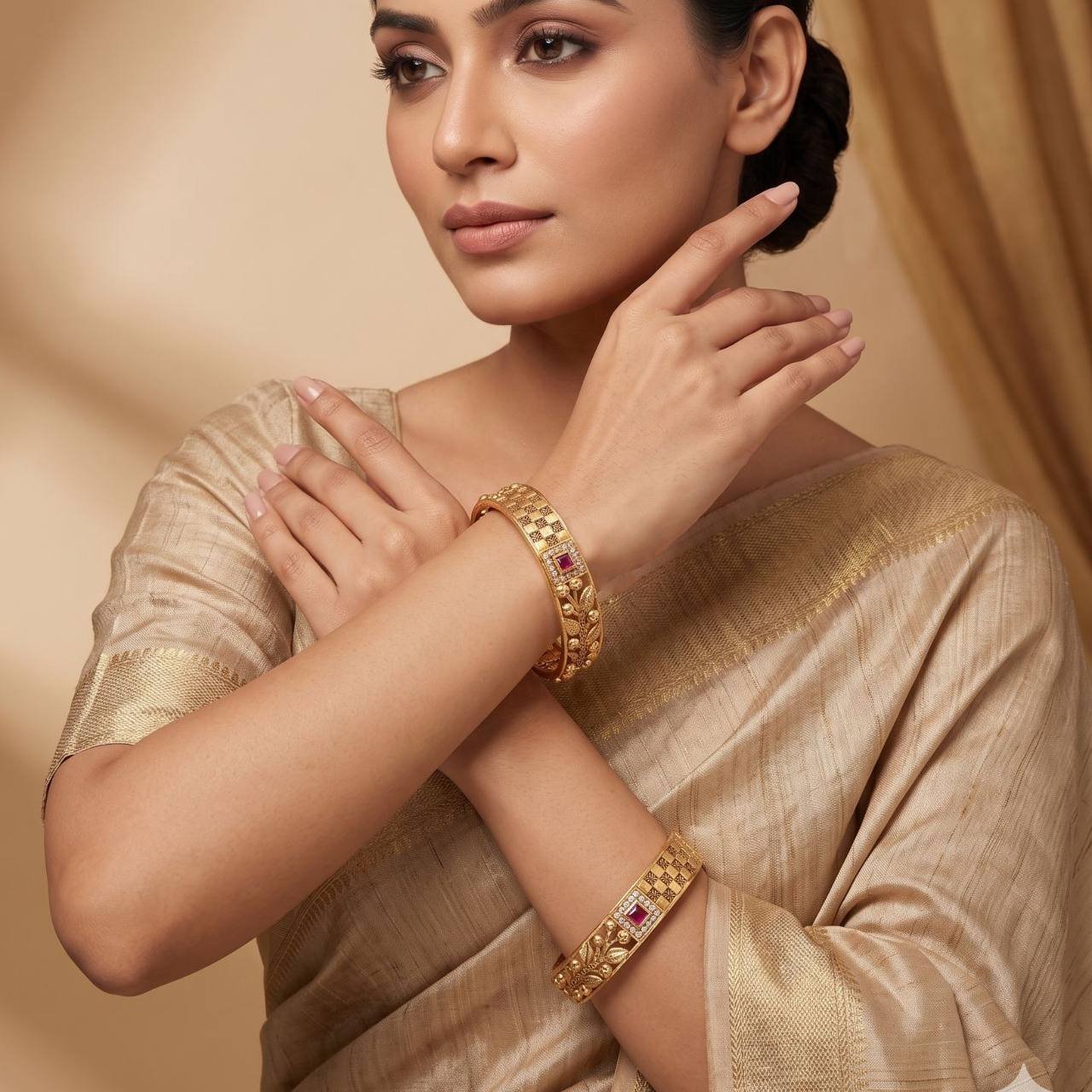 Traditional Antique Gold Finish Bangle Set - Image 2